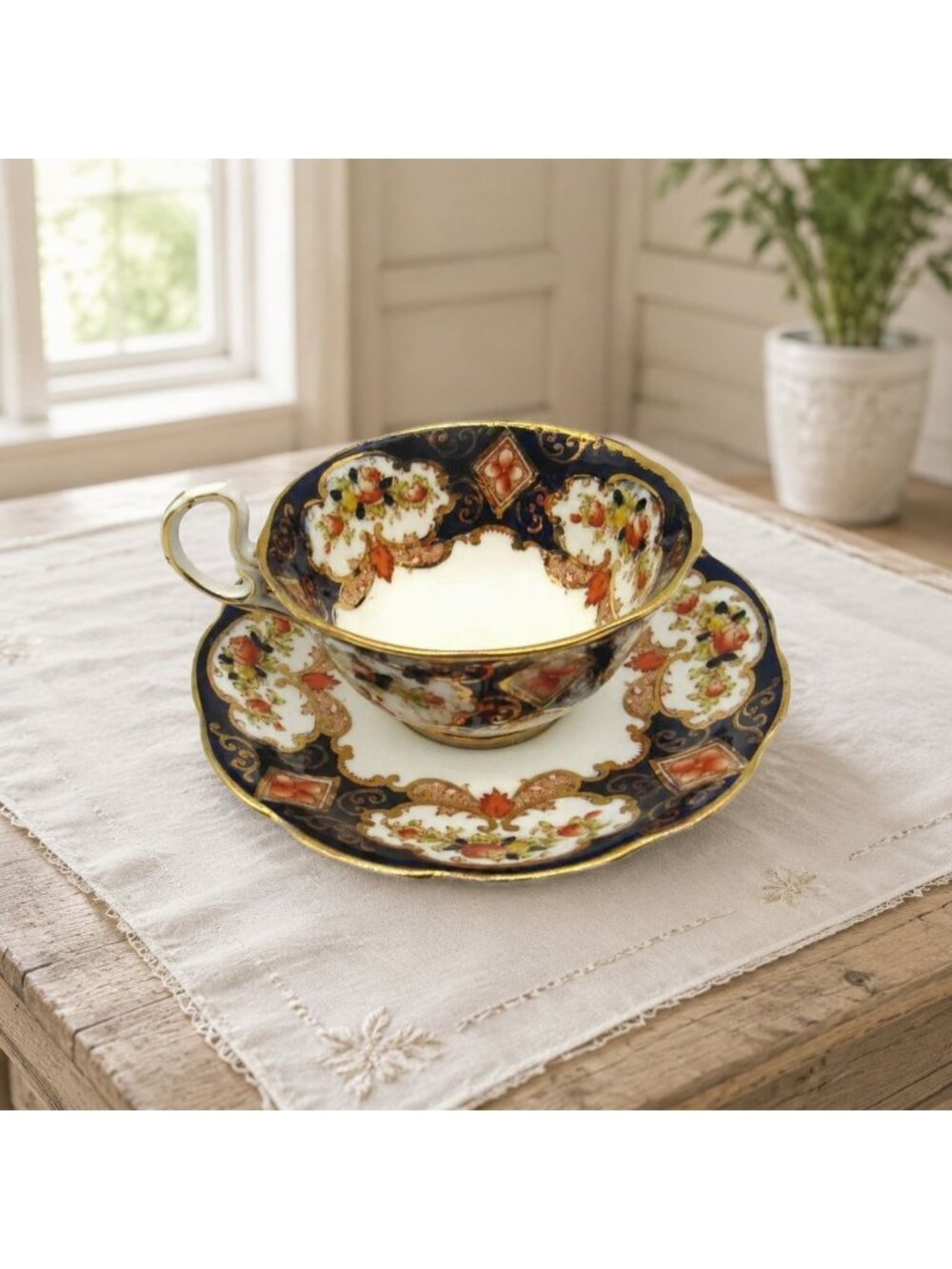 Royal Albert Navy Floral Tea Cup and Saucer Gold Trim Vintage